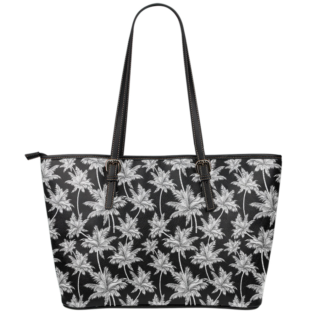 Black And White Coconut Tree Print Leather Tote Bag