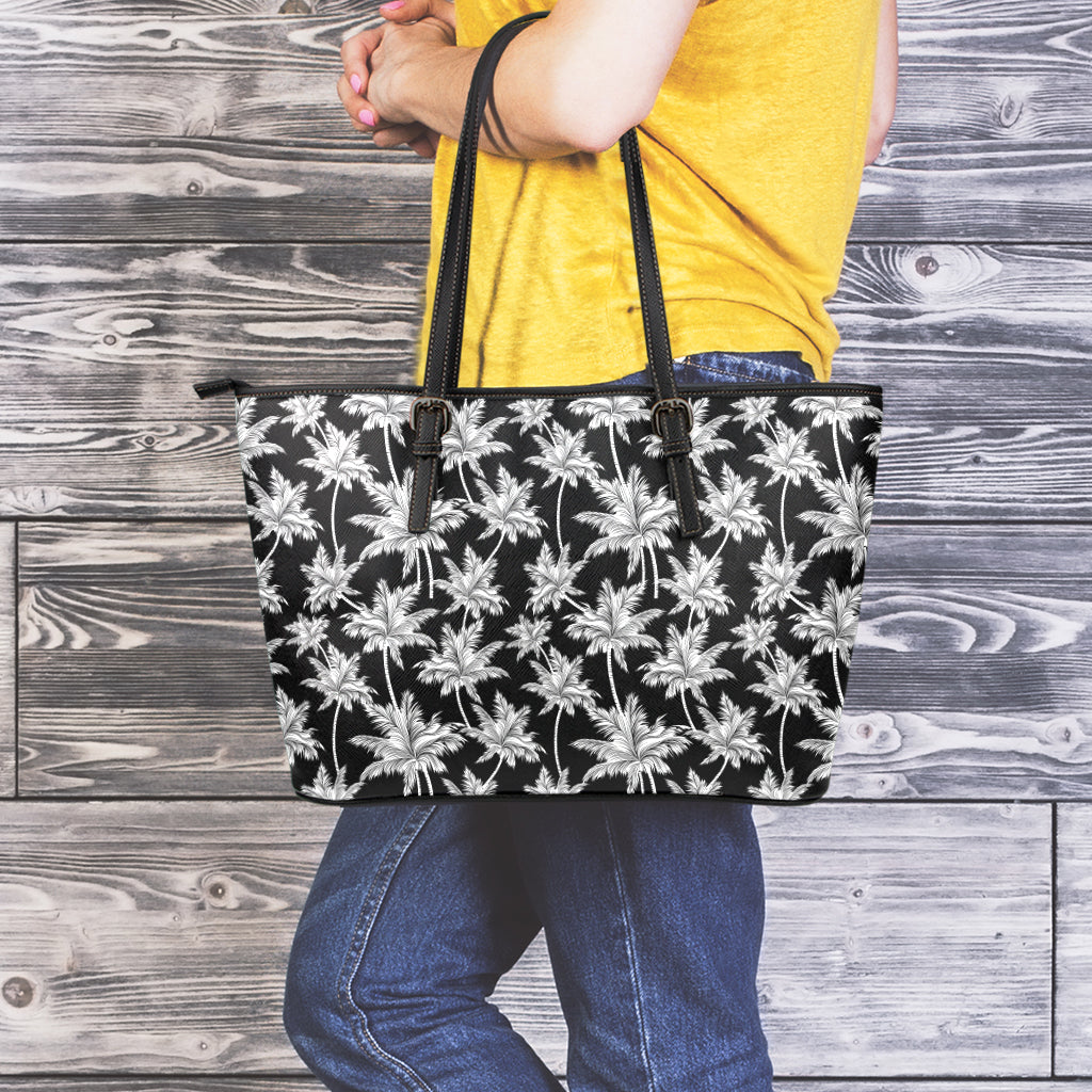 Black And White Coconut Tree Print Leather Tote Bag