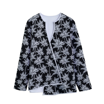 Black And White Coconut Tree Print Long Sleeve Short Coat