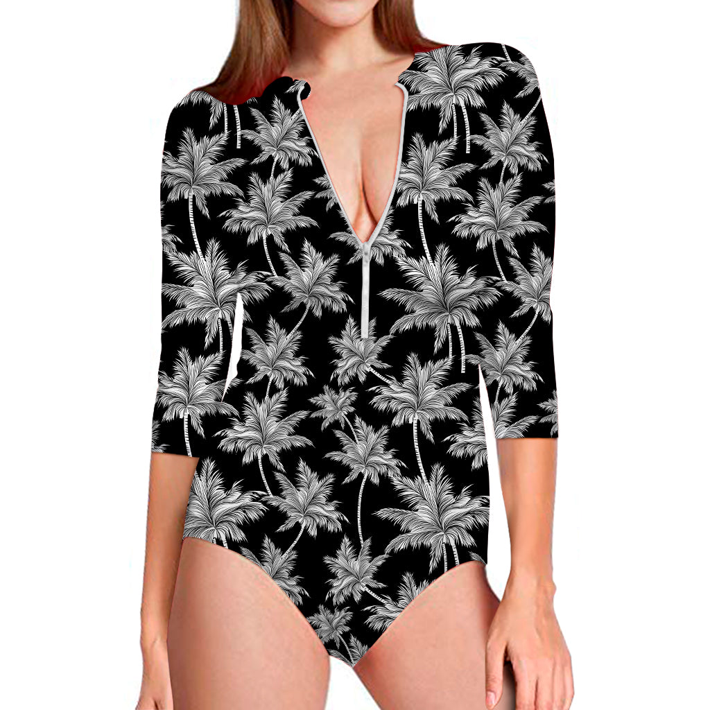 Black And White Coconut Tree Print Long Sleeve Swimsuit