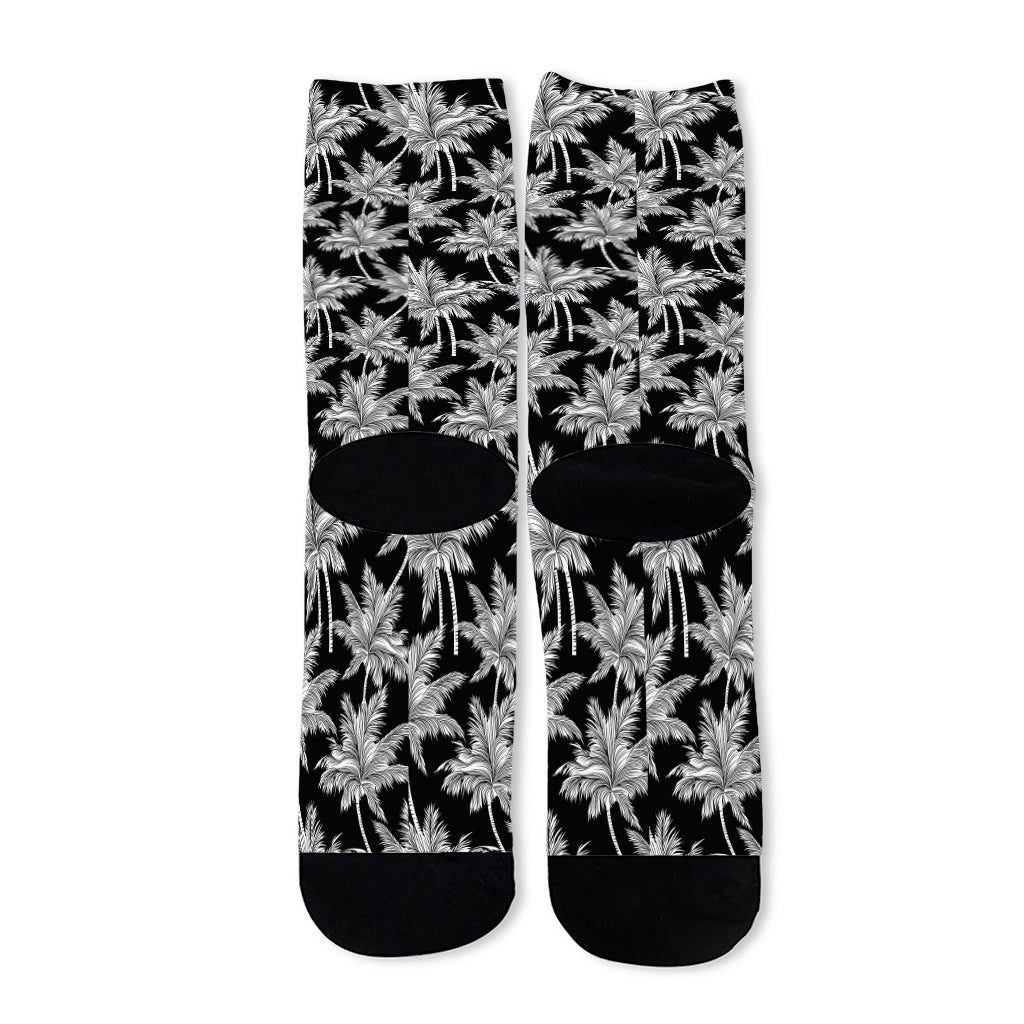 Black And White Coconut Tree Print Long Socks