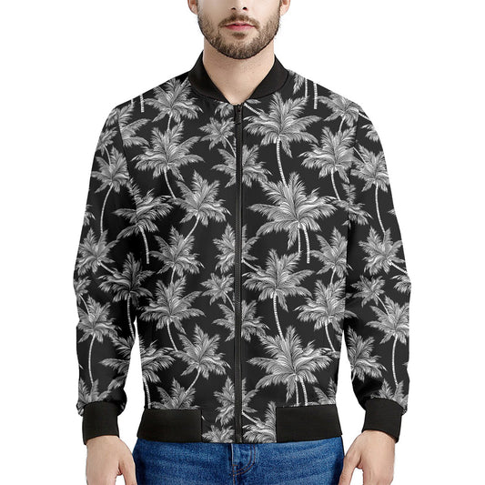 Black And White Coconut Tree Print Men's Bomber Jacket