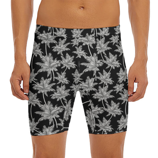 Black And White Coconut Tree Print Men's Long Boxer Briefs