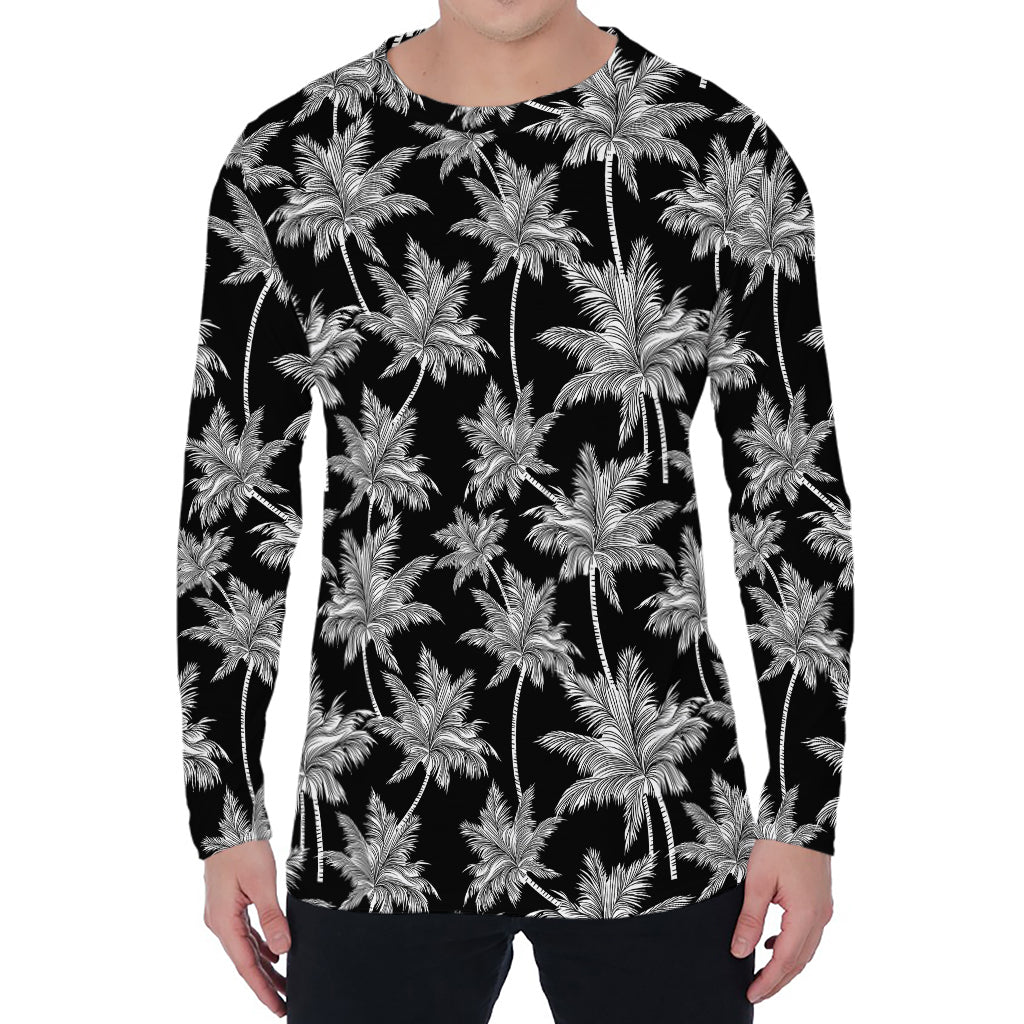 Black And White Coconut Tree Print Men's Long Sleeve T-Shirt