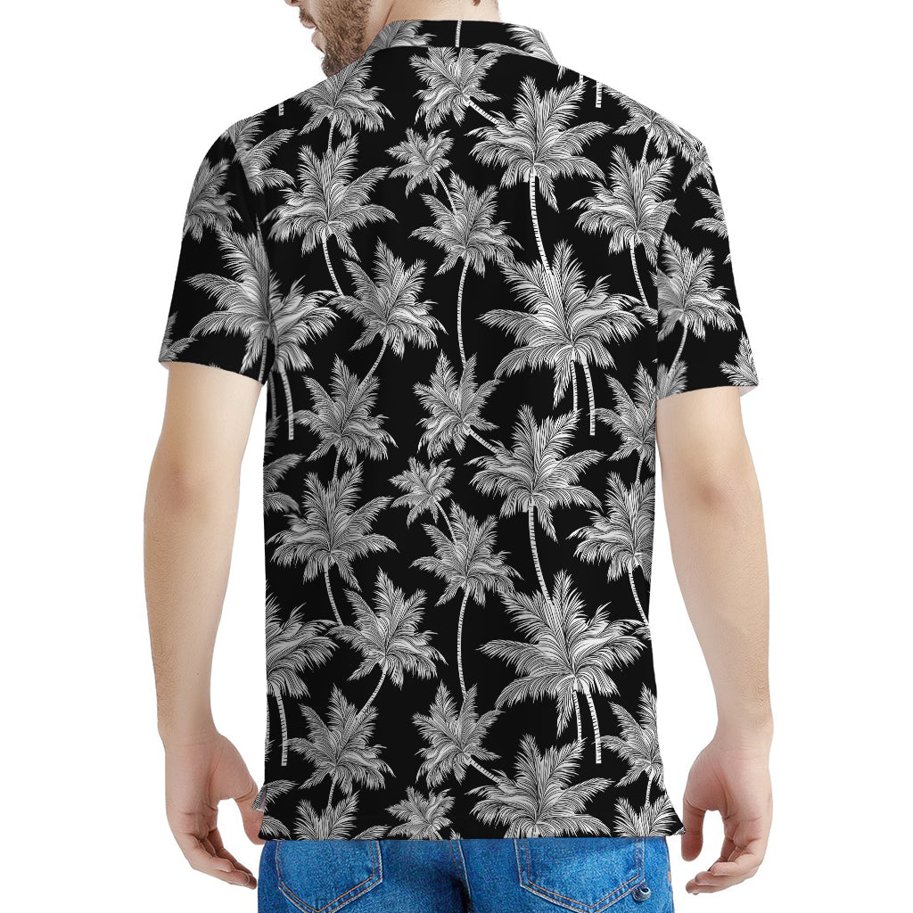 Black And White Coconut Tree Print Men's Polo Shirt