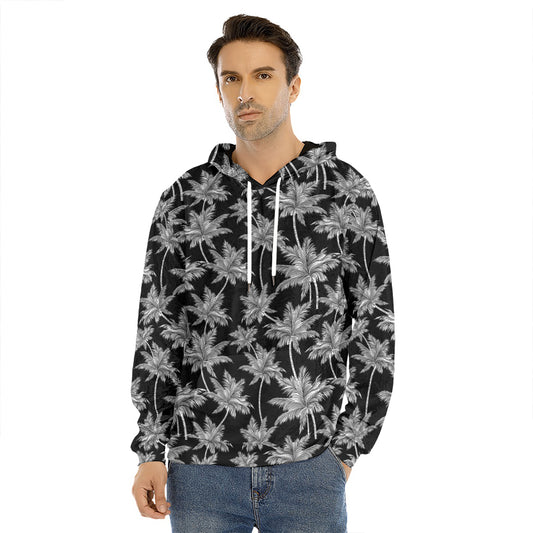 Black And White Coconut Tree Print Men's Velvet Pullover Hoodie