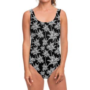 Black And White Coconut Tree Print One Piece Swimsuit