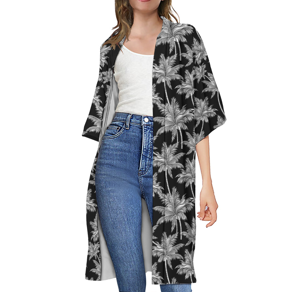 Black And White Coconut Tree Print Open Front Beach Cover Up