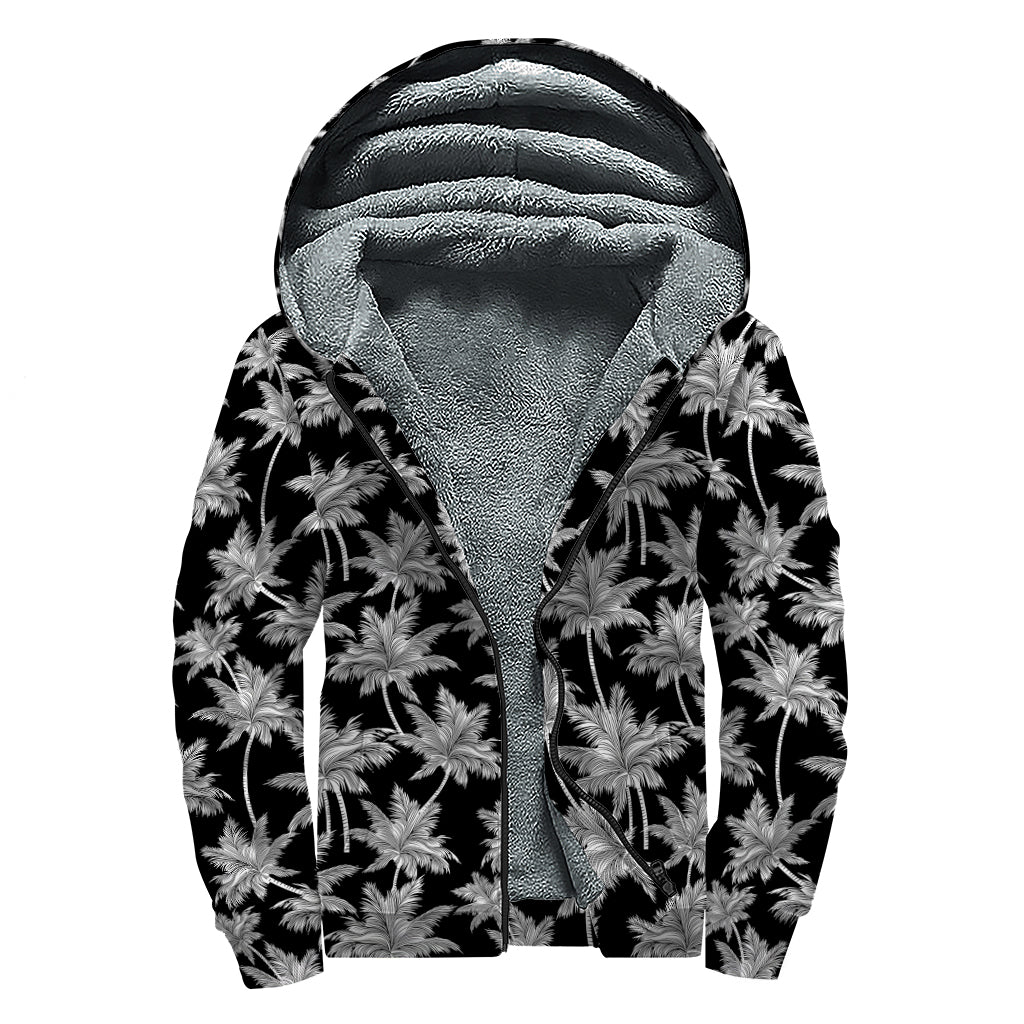 Black And White Coconut Tree Print Sherpa Lined Zip Up Hoodie