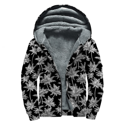 Black And White Coconut Tree Print Sherpa Lined Zip Up Hoodie