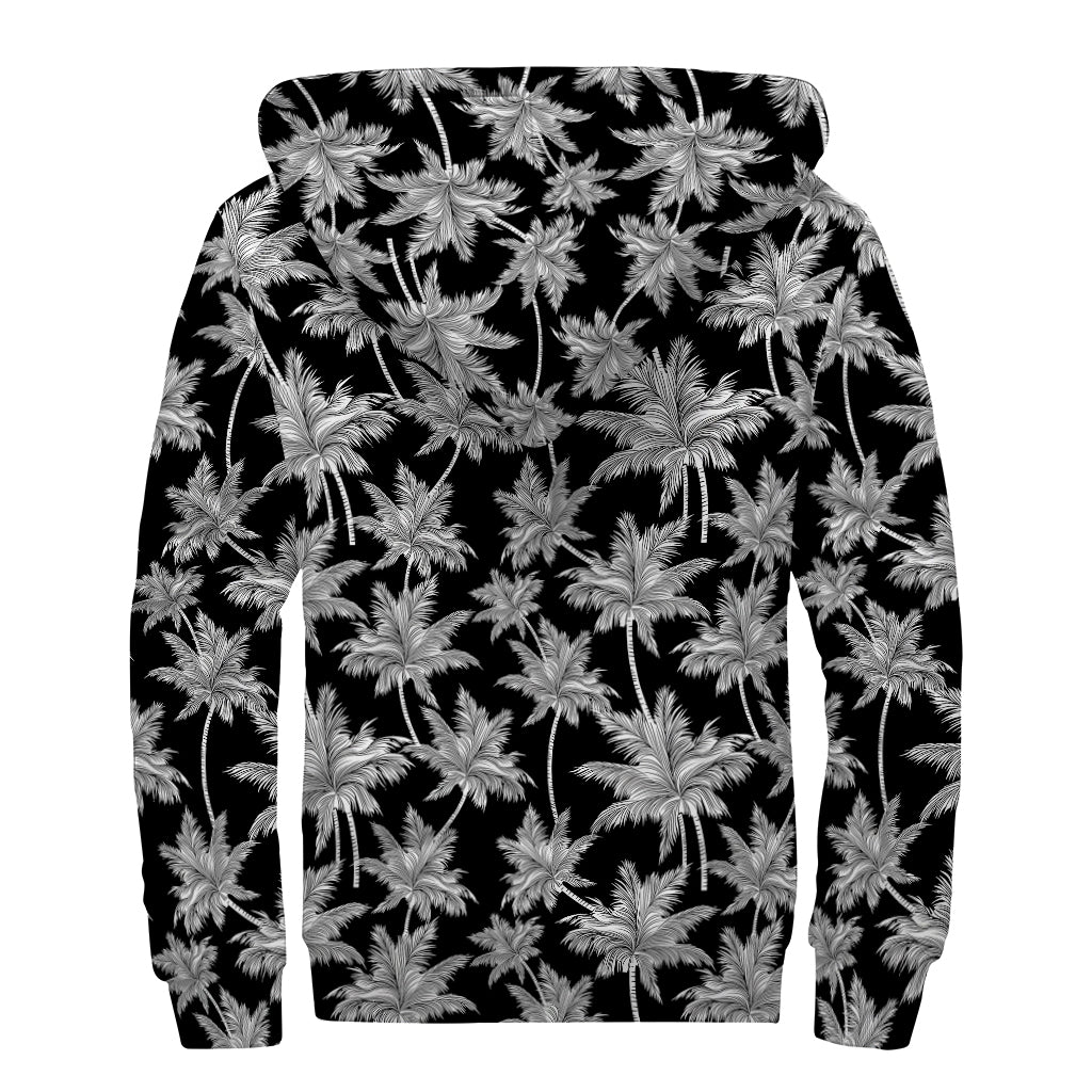 Black And White Coconut Tree Print Sherpa Lined Zip Up Hoodie