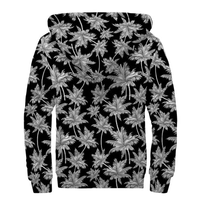 Black And White Coconut Tree Print Sherpa Lined Zip Up Hoodie