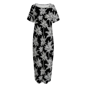 Black And White Coconut Tree Print Short Sleeve Long Nightdress