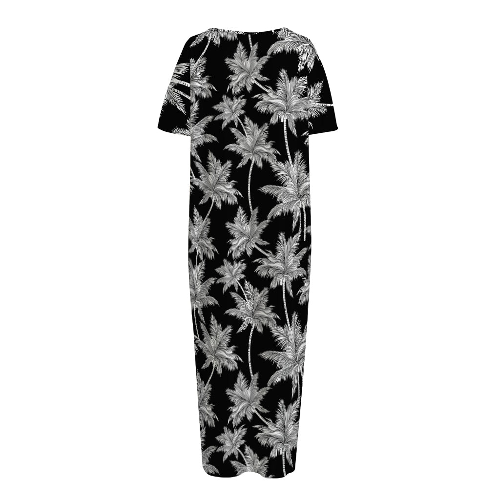 Black And White Coconut Tree Print Short Sleeve Long Nightdress