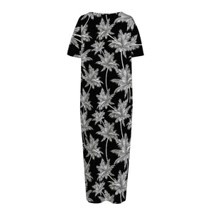 Black And White Coconut Tree Print Short Sleeve Long Nightdress