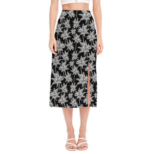 Black And White Coconut Tree Print Side Slit Midi Skirt