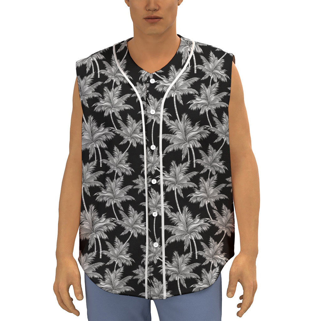 Black And White Coconut Tree Print Sleeveless Baseball Jersey