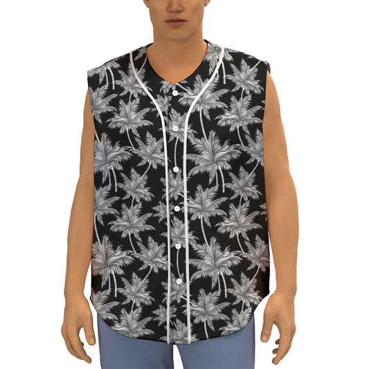 Black And White Coconut Tree Print Sleeveless Baseball Jersey