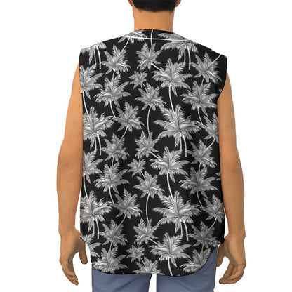 Black And White Coconut Tree Print Sleeveless Baseball Jersey