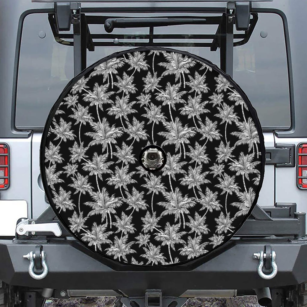 Black And White Coconut Tree Print Tire Cover With Camera Hole