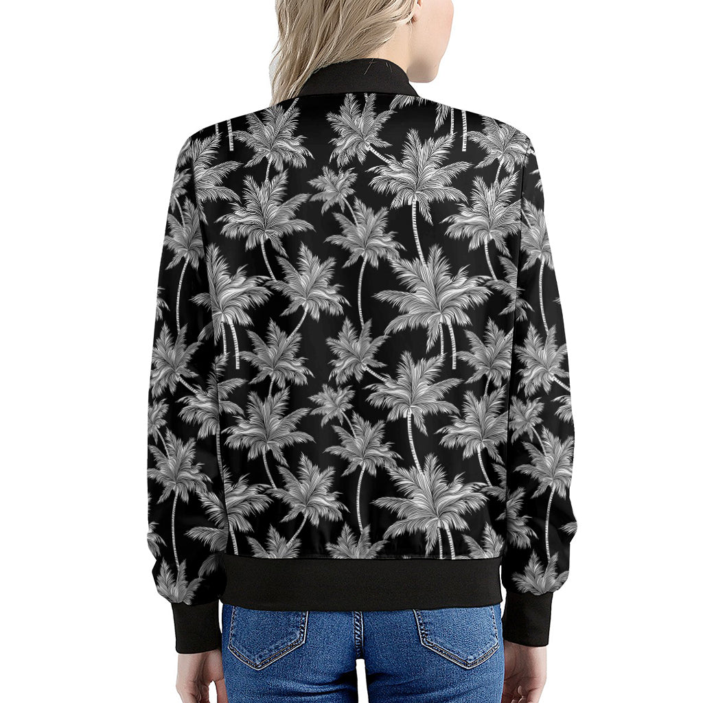 Black And White Coconut Tree Print Women's Bomber Jacket