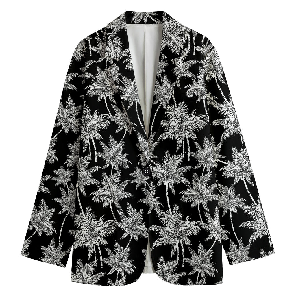 Black And White Coconut Tree Print Women's Cotton Blazer