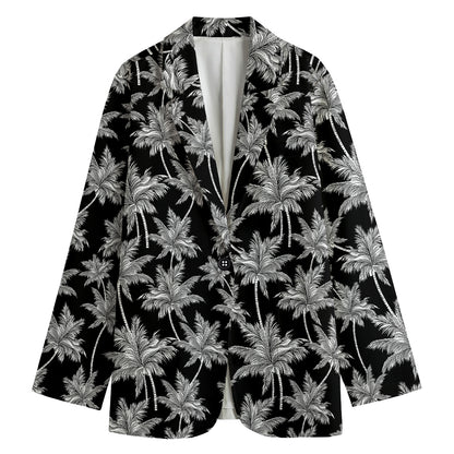 Black And White Coconut Tree Print Women's Cotton Blazer