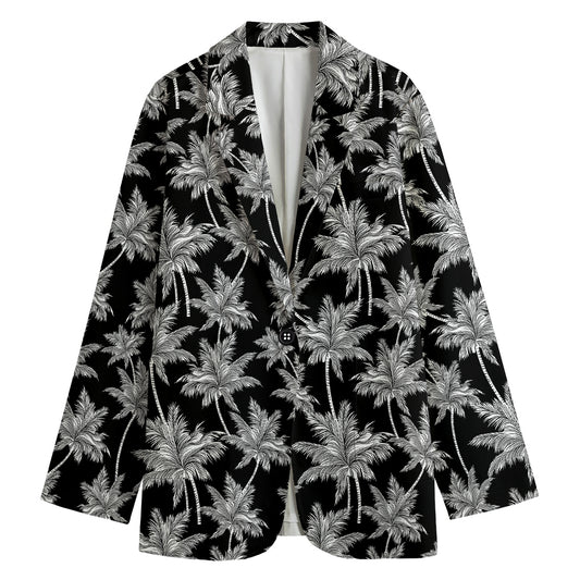 Black And White Coconut Tree Print Women's Cotton Blazer