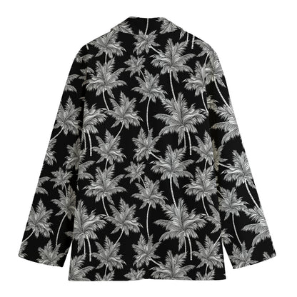 Black And White Coconut Tree Print Women's Cotton Blazer