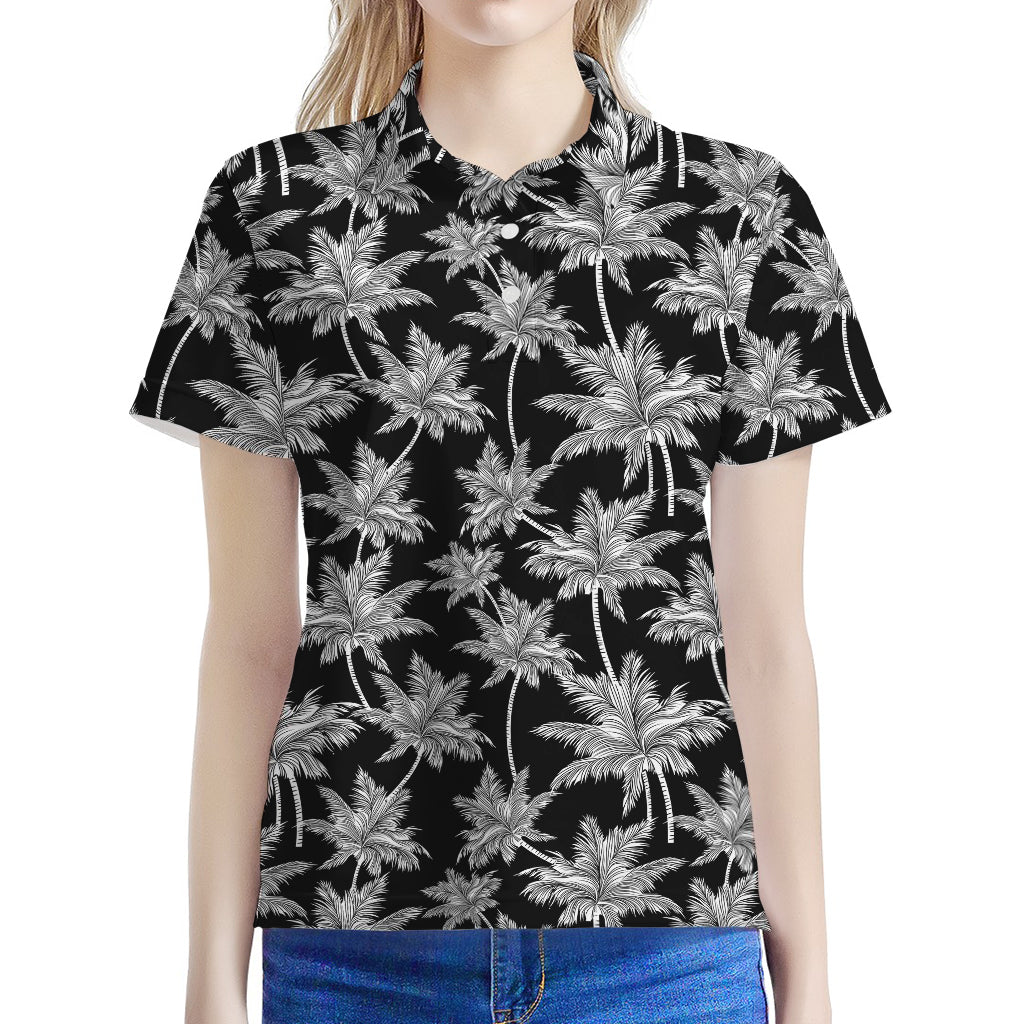 Black And White Coconut Tree Print Women's Polo Shirt