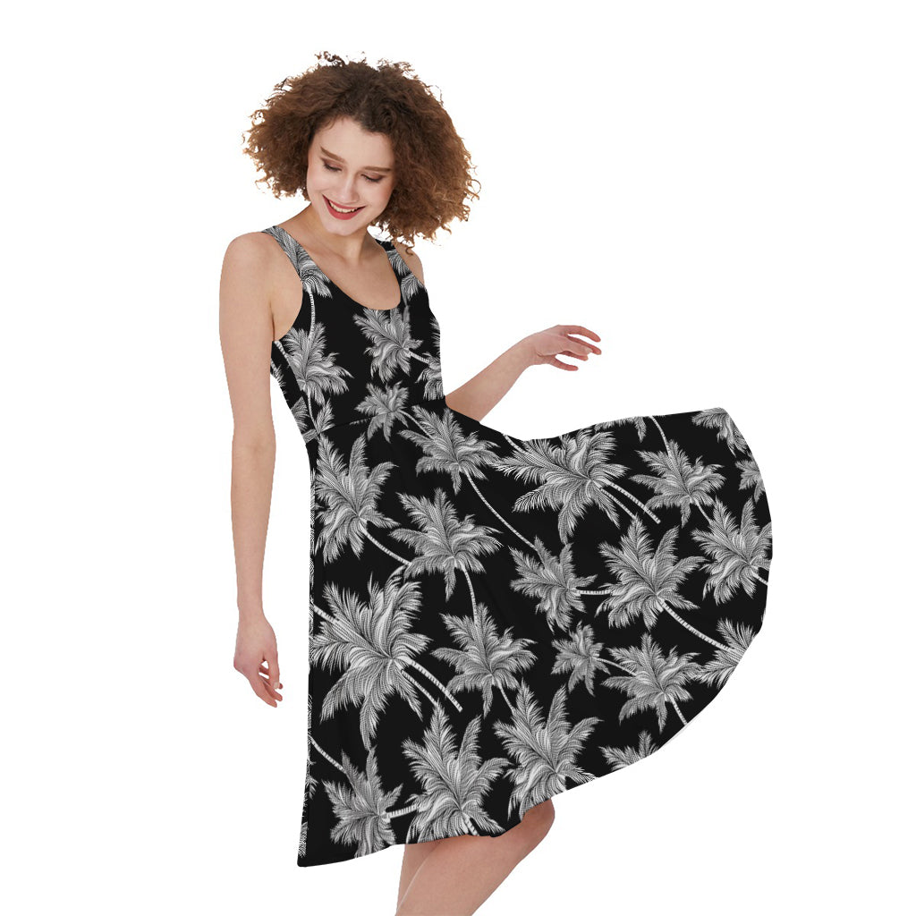 Black And White Coconut Tree Print Women's Sleeveless Dress
