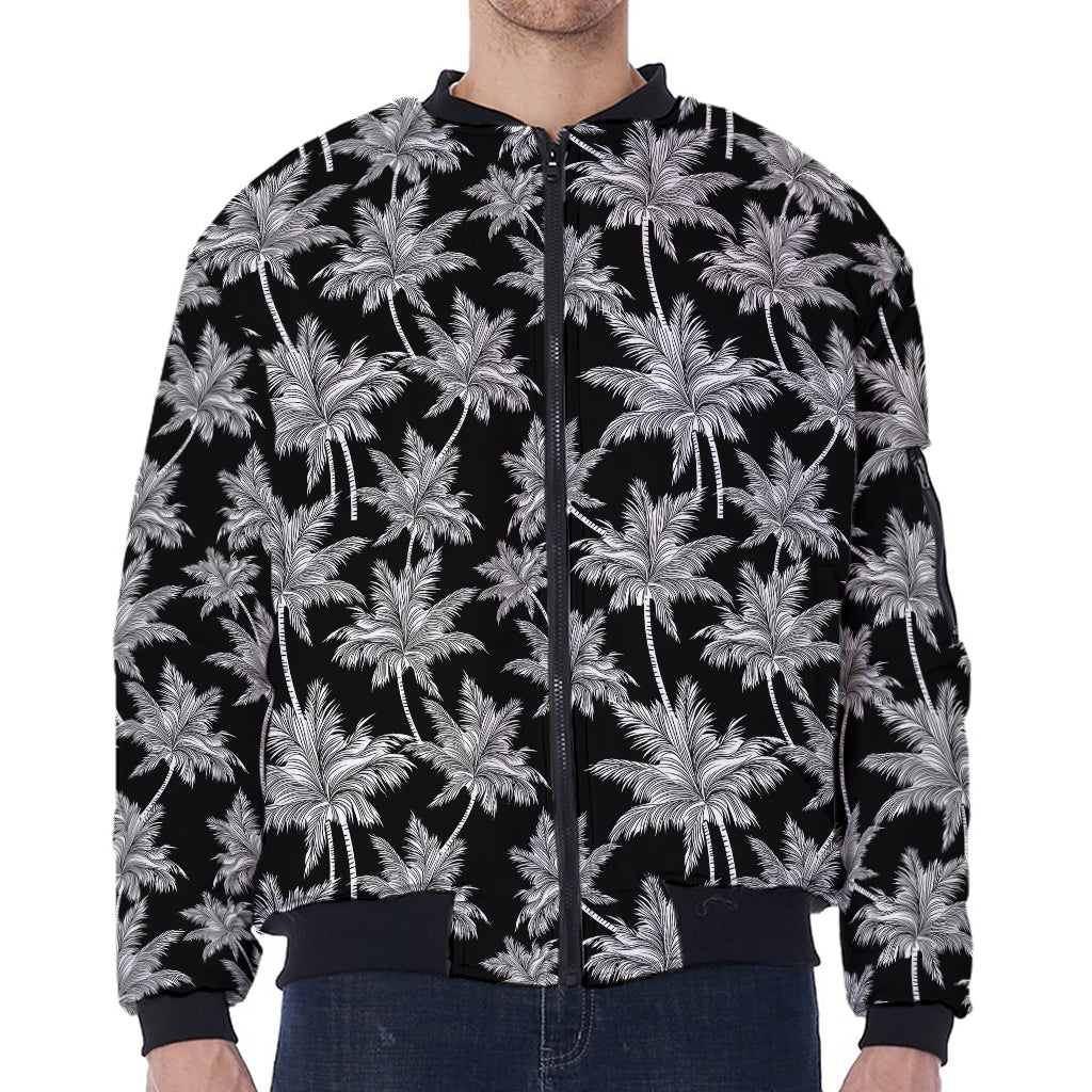 Black And White Coconut Tree Print Zip Sleeve Bomber Jacket