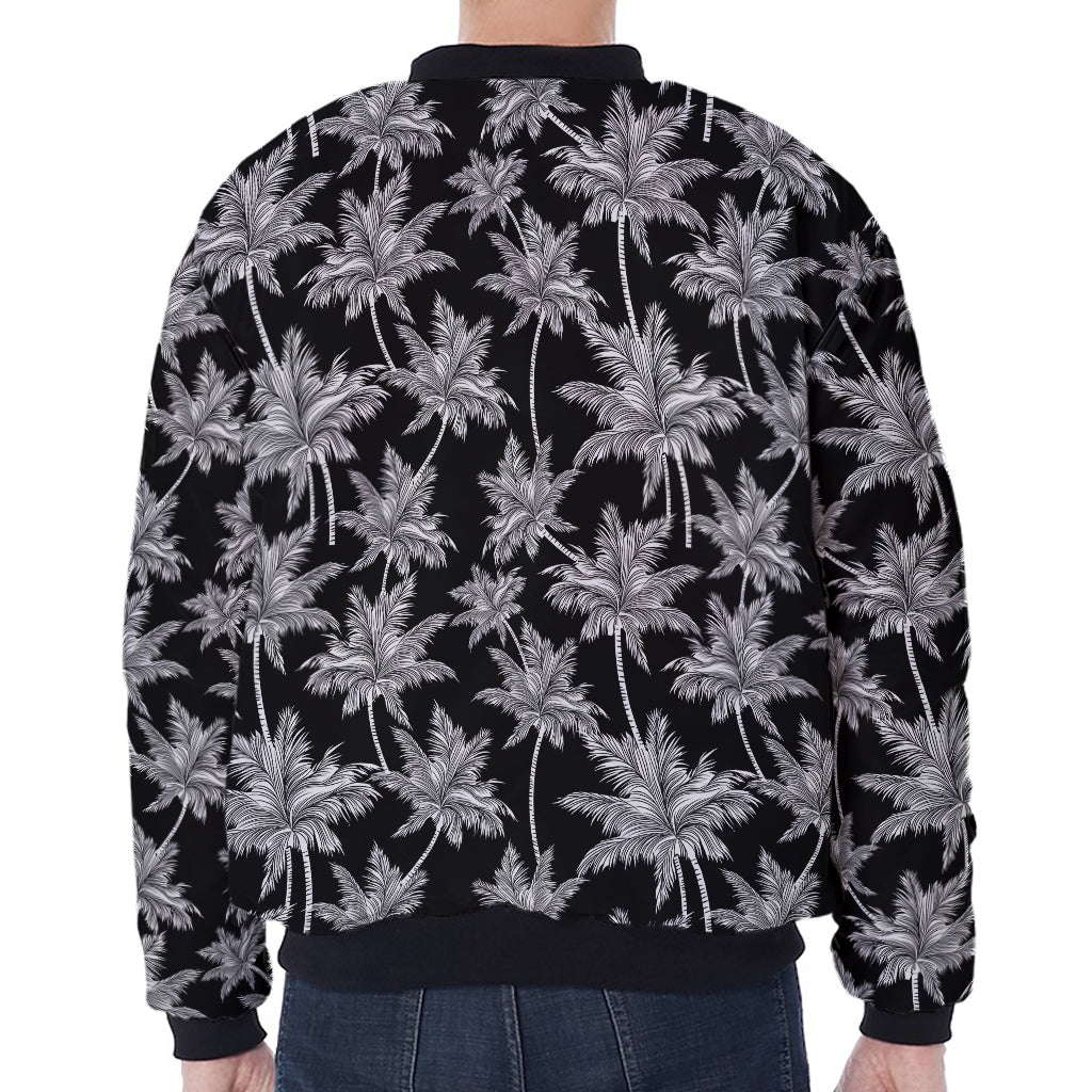 Black And White Coconut Tree Print Zip Sleeve Bomber Jacket