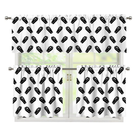 Black And White Coffin Pattern Print 3 Piece Kitchen Curtains