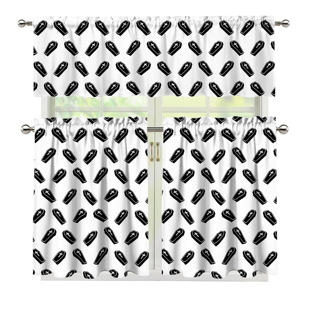 Black And White Coffin Pattern Print 3 Piece Kitchen Curtains