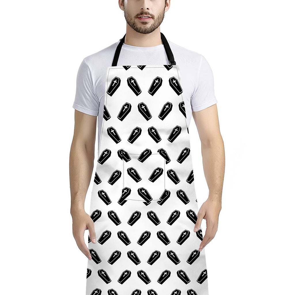 Black And White Coffin Pattern Print Bib Apron With Pocket