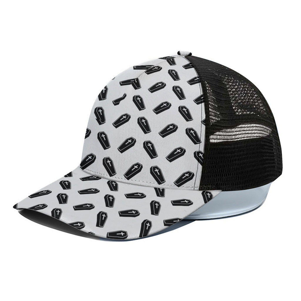 Black And White Coffin Pattern Print Black Mesh Trucker Cap