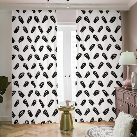 Black And White Coffin Pattern Print Blackout Pencil Pleat Curtains