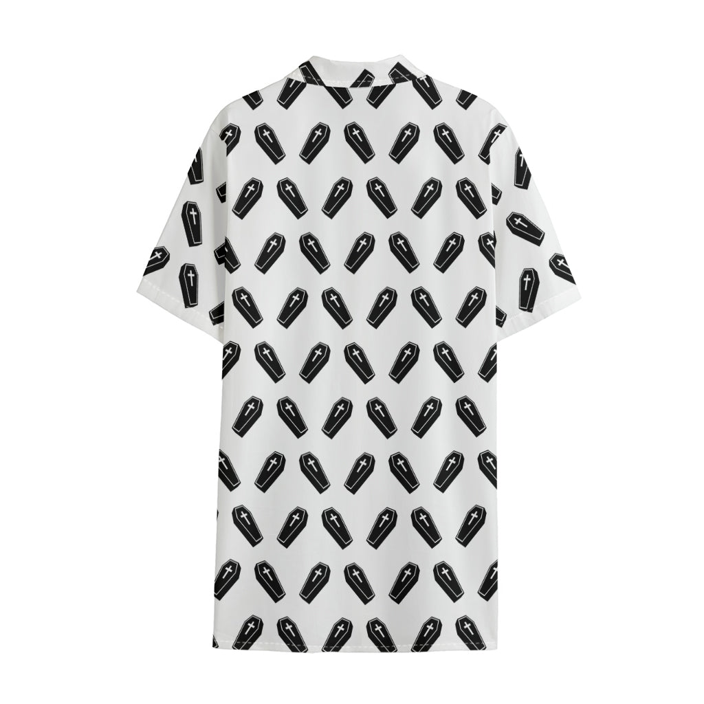 Black And White Coffin Pattern Print Cotton Hawaiian Shirt