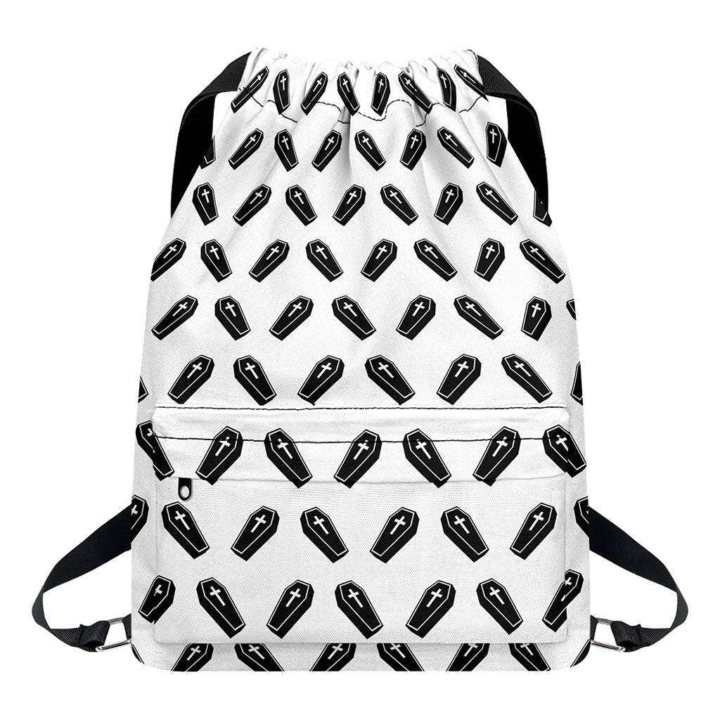 Black And White Coffin Pattern Print Drawstring Backpack