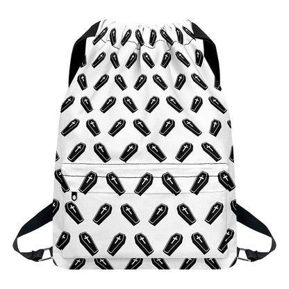 Black And White Coffin Pattern Print Drawstring Backpack