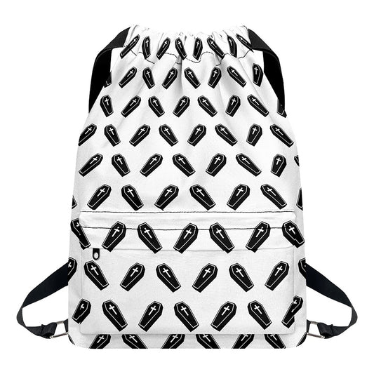Black And White Coffin Pattern Print Drawstring Backpack