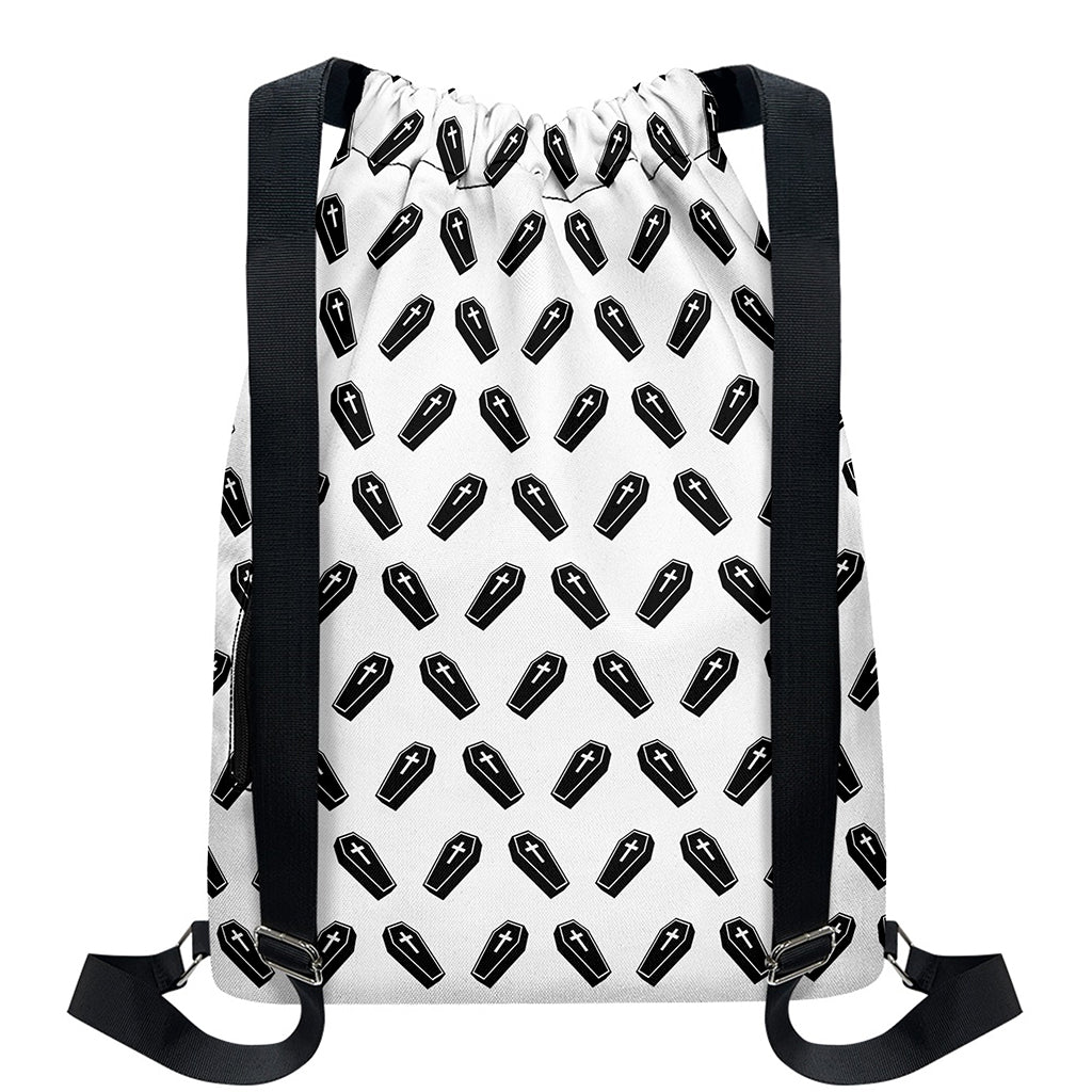 Black And White Coffin Pattern Print Drawstring Backpack
