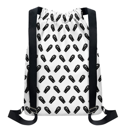 Black And White Coffin Pattern Print Drawstring Backpack