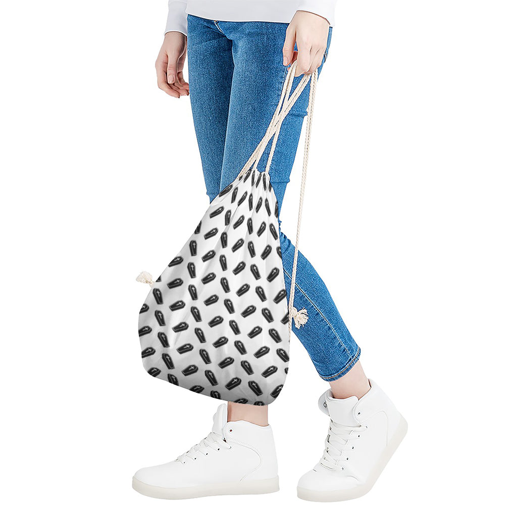 Black And White Coffin Pattern Print Drawstring Bag