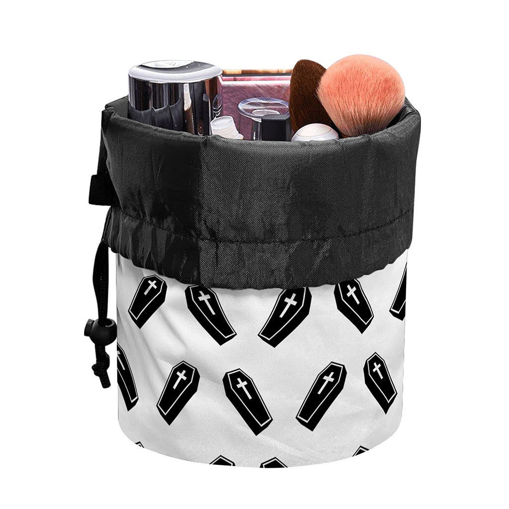 Black And White Coffin Pattern Print Drawstring Makeup Bag