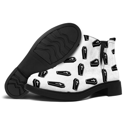 Black And White Coffin Pattern Print Flat Ankle Boots