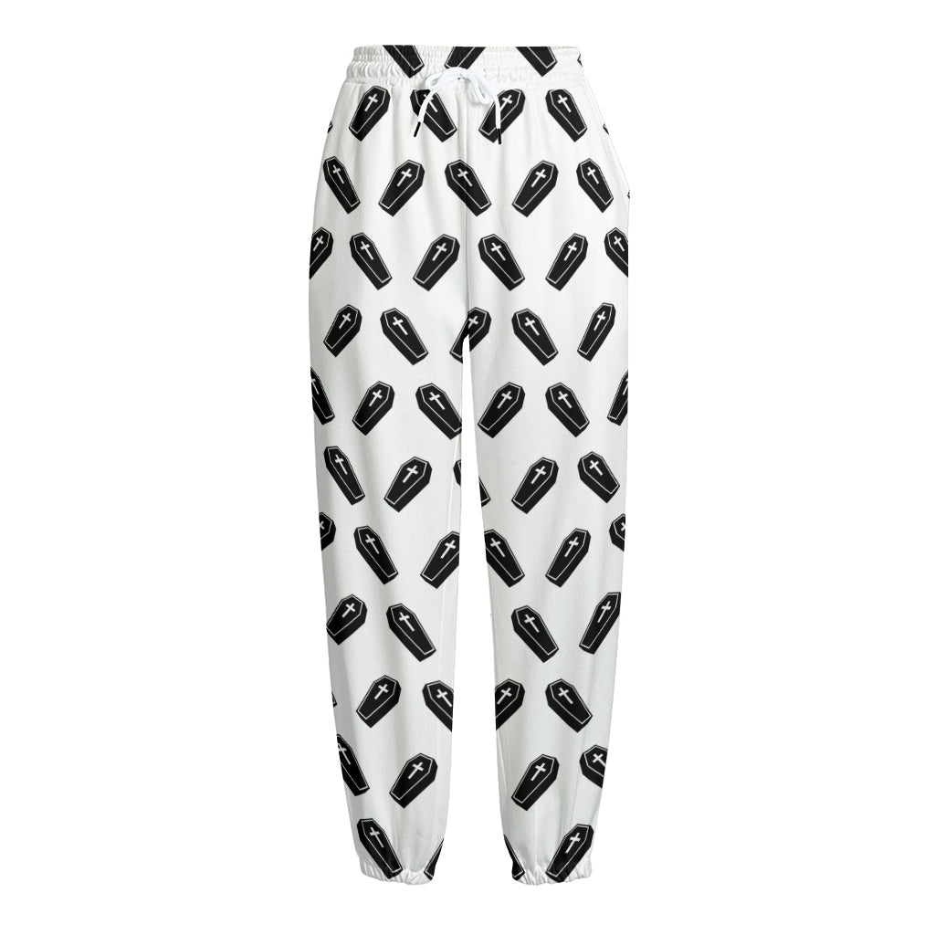 Black And White Coffin Pattern Print Fleece Lined Knit Pants