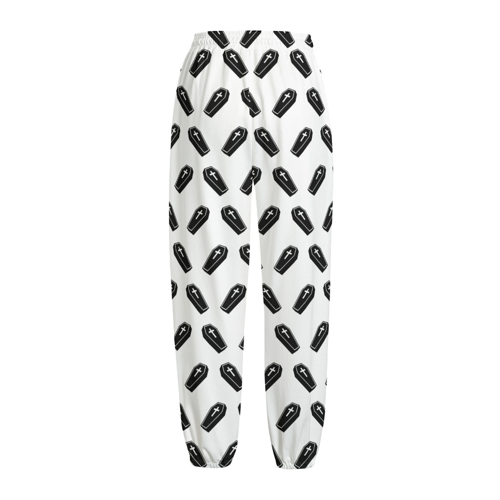 Black And White Coffin Pattern Print Fleece Lined Knit Pants
