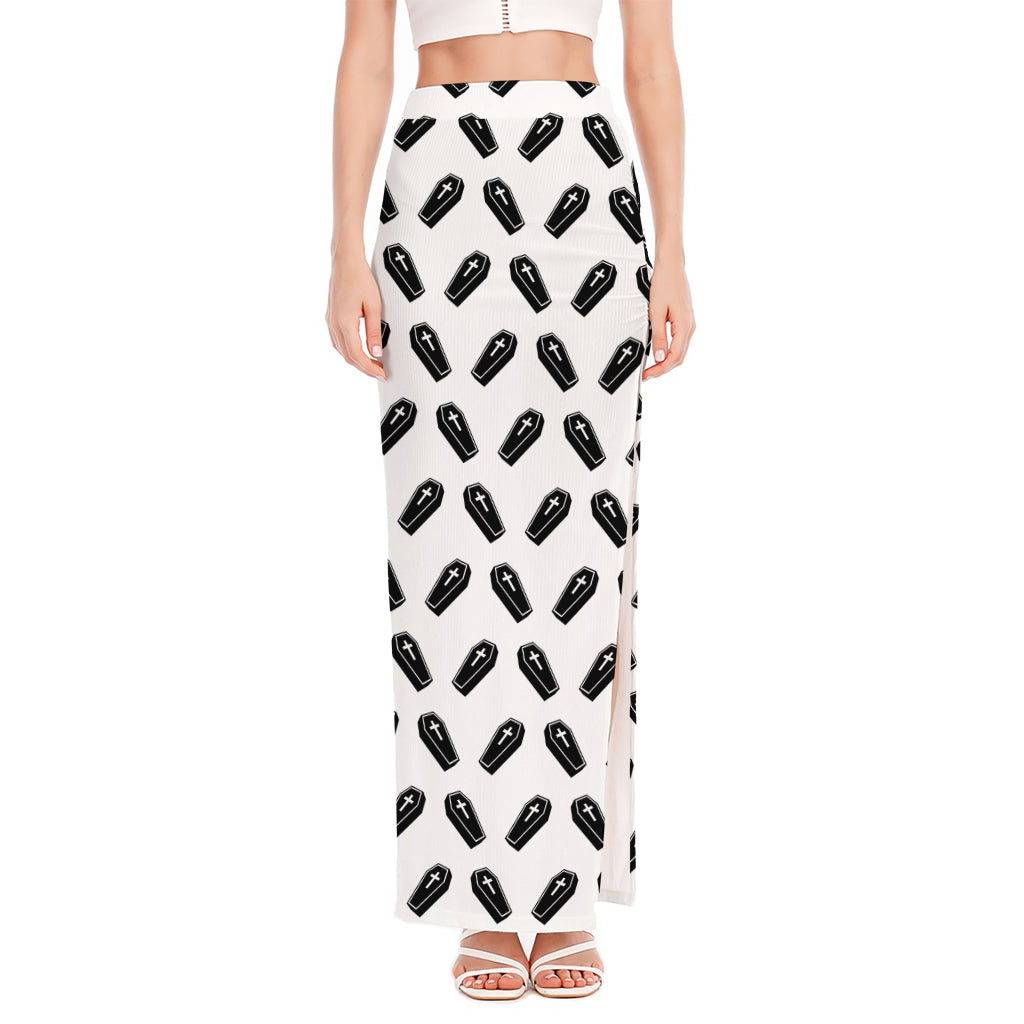 Black And White Coffin Pattern Print High Slit Maxi Skirt